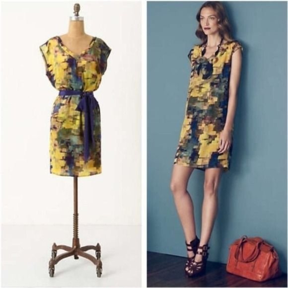 Anthropologie Maeve Silk Pixel Impressionist Dress - Picture 1 of 6